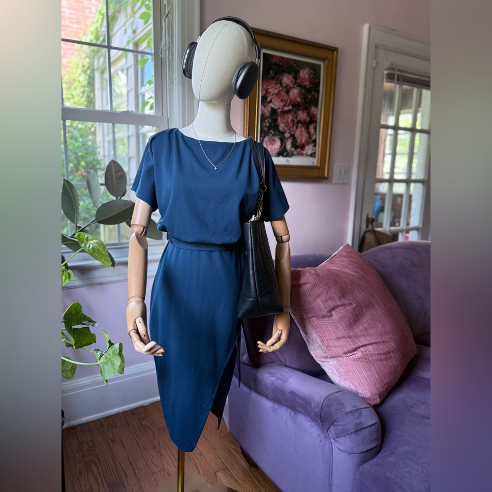 Navy Blue Asymmetrical Sheath Dress